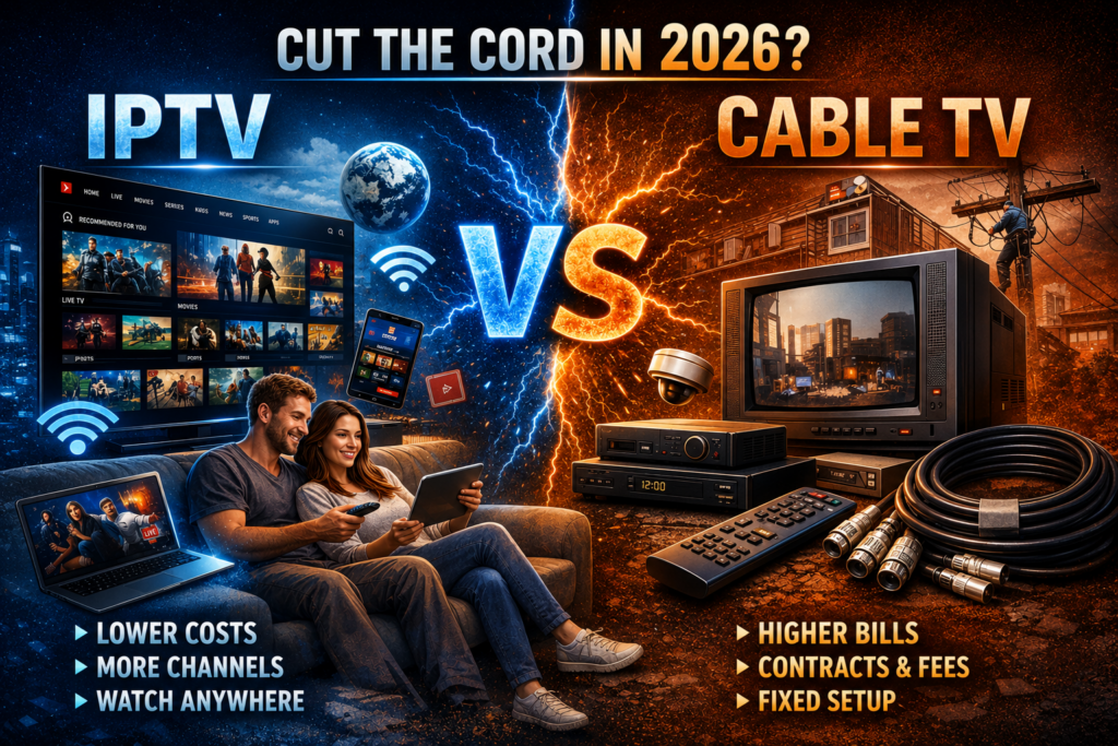 Kemo IPTV vs traditional cable TV comparison showing cost, channels, and streaming flexibility differences in 2026.
