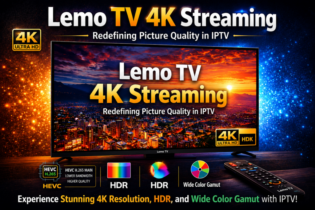 Kemo IPTV 4K streaming showcasing ultra high-definition IPTV picture quality on smart TV and devices.